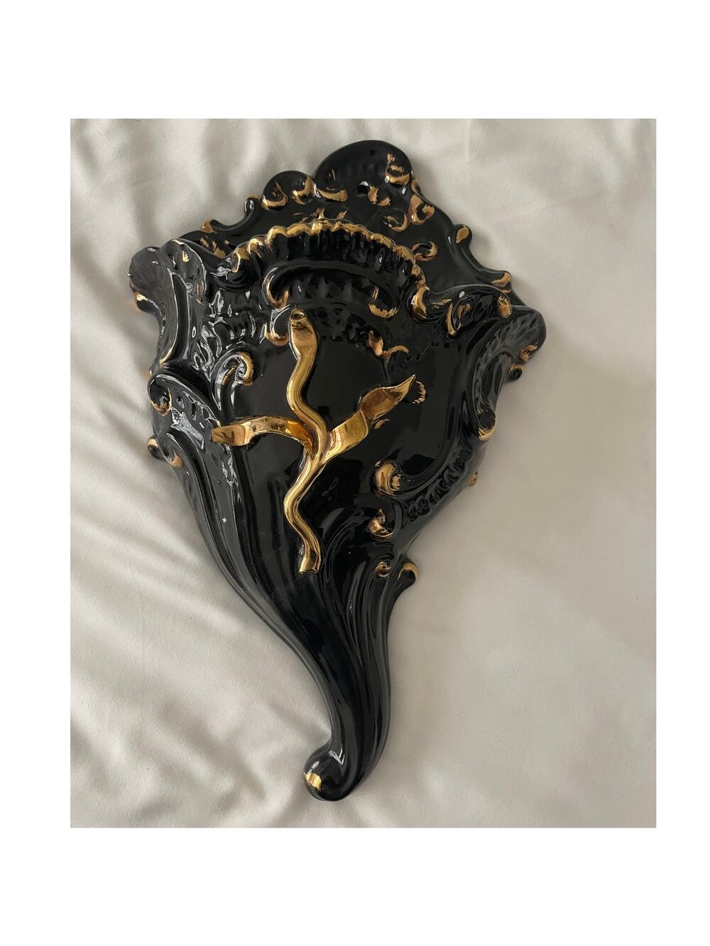 vintage ceramic wall pocket vase balck with gold detail
